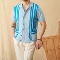 Cotton striped knitted short-sleeve cardigan polo shirt in light blue with lapel collar shown on model