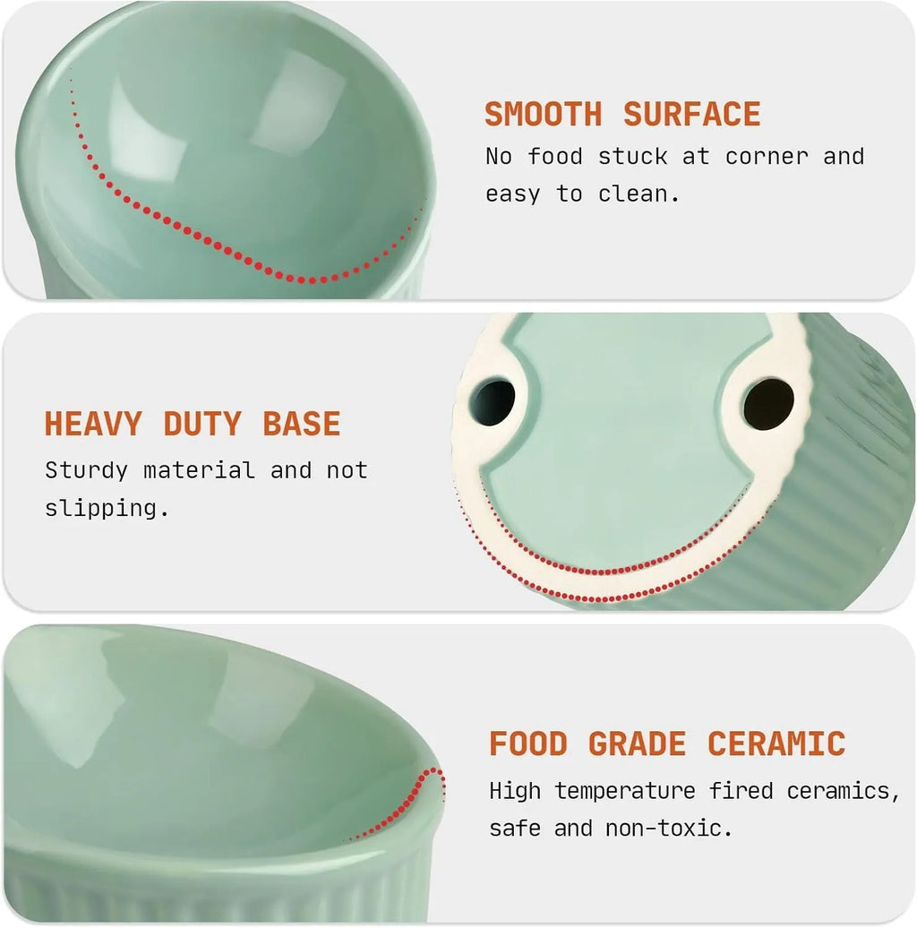 Ceramic elevated cat bowl in green colour with tilted round design for comfortable feeding.