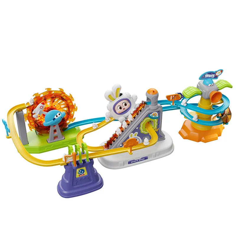 Children's space rabbit electric track toy with plastic climbing stairs and slide