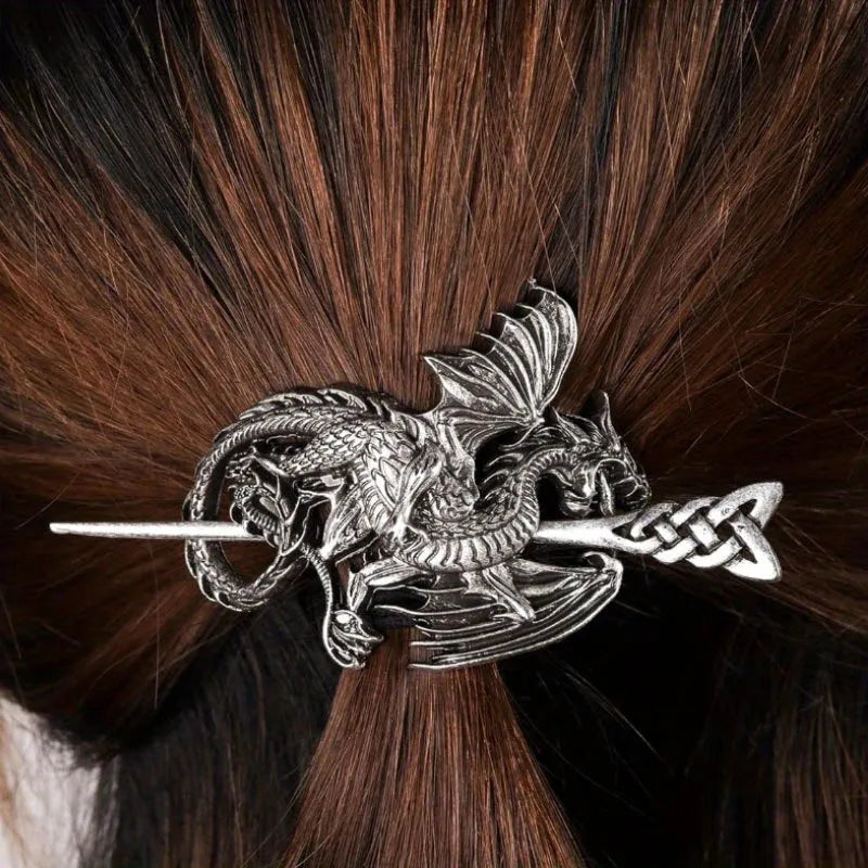 Retro Viking dragon hairpin in silver, U-shaped alloy headdress for women