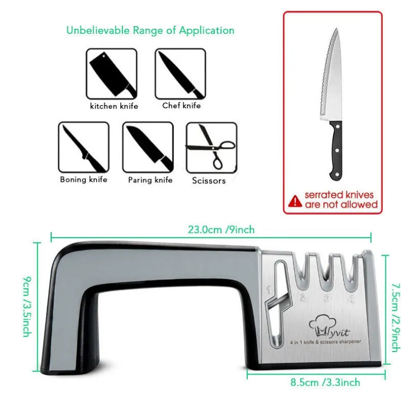 4-in-1 manual kitchen knife and scissor sharpener in black and red, showing multiple sharpening slots.