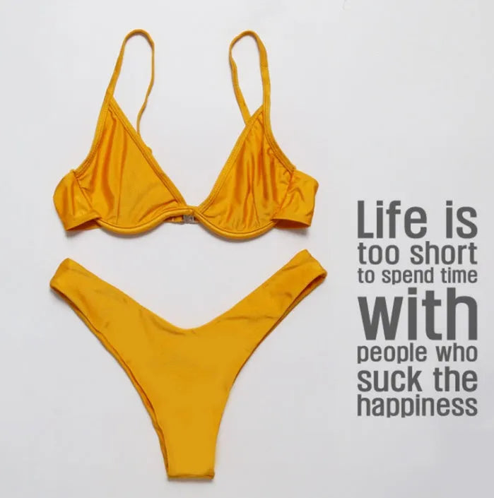 Multi-Color optional bikini swimsuit with strip steel belt and chest pad, available in 15 colours, solid colour open back design