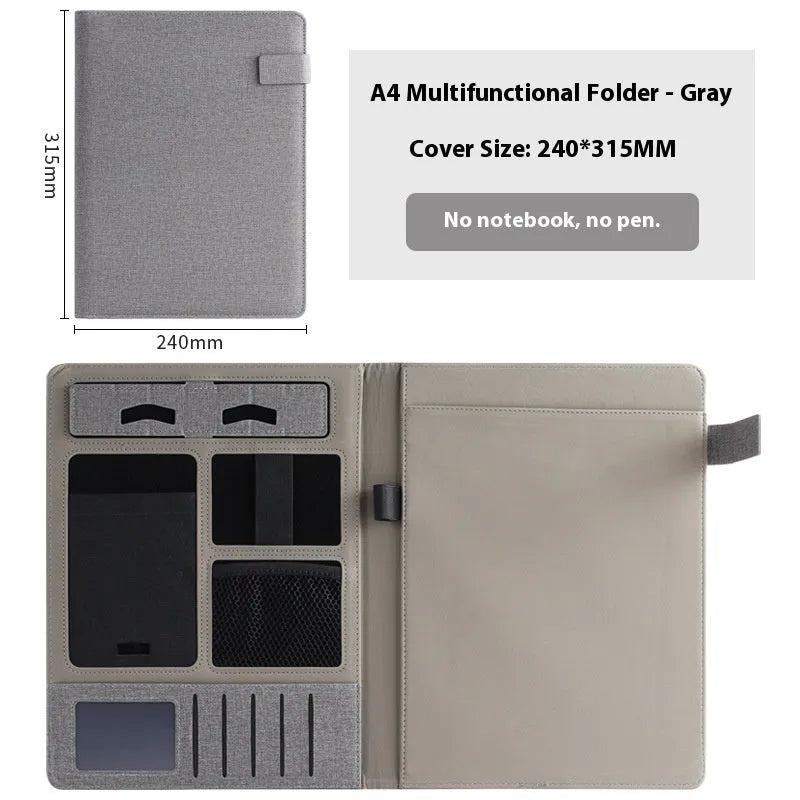 Leather A4 business folder in black, open to show 35mm thick plate and space for documents