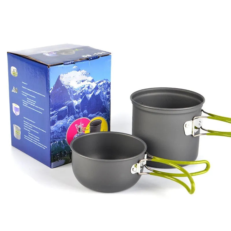 Green DS-101 camping cookware aluminium pot with separate cover, mesh bag, and colour box