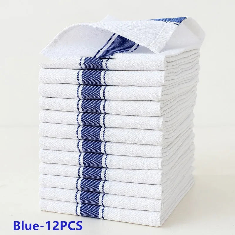 Twelve cotton dishwashing towels with striped pattern measuring 48x70cm in various colour options