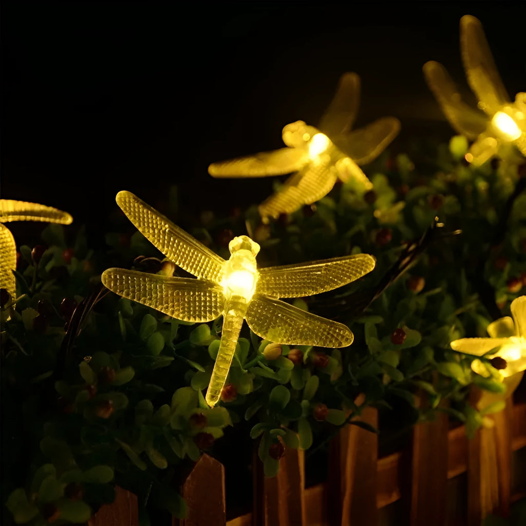Outdoor solar LED dragonfly string lights with warm white bulbs on a 5-metre cable and a ground-spike solar panel.