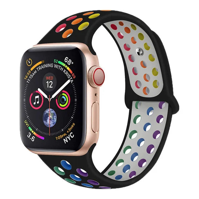Silicone sports wristband with single buckle in black, rainbow, or white colours showing two size options
