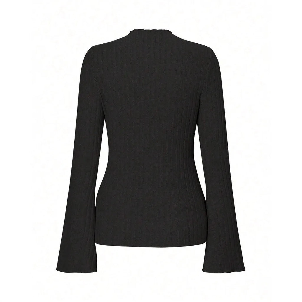 Slim fit long sleeve top with lantern sleeves in black brushed polyester fabric, showing sunken stripe detail and round neck.