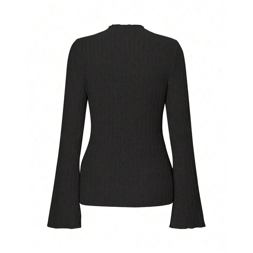 Slim fit long sleeve top with lantern sleeves in black brushed polyester fabric, showing sunken stripe detail and round neck.