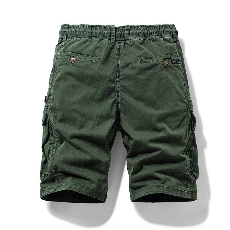 Men's cotton multi-pocket summer shorts in Army Green with micro elasticity and zip fly