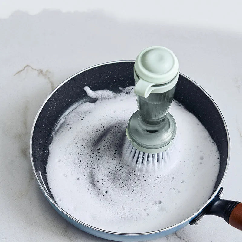 Pot scrub brush with soap dispenser in mint green colour with replaceable brush head