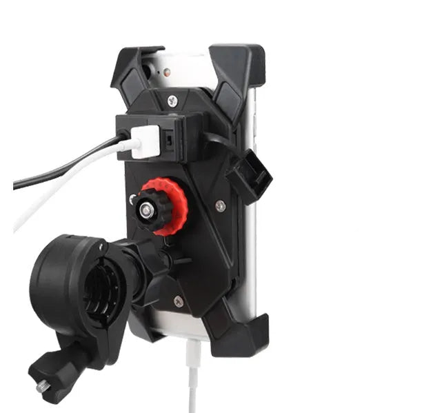 Black motorcycle phone holder with adjustable clamp and USB charging port mounted on handlebars