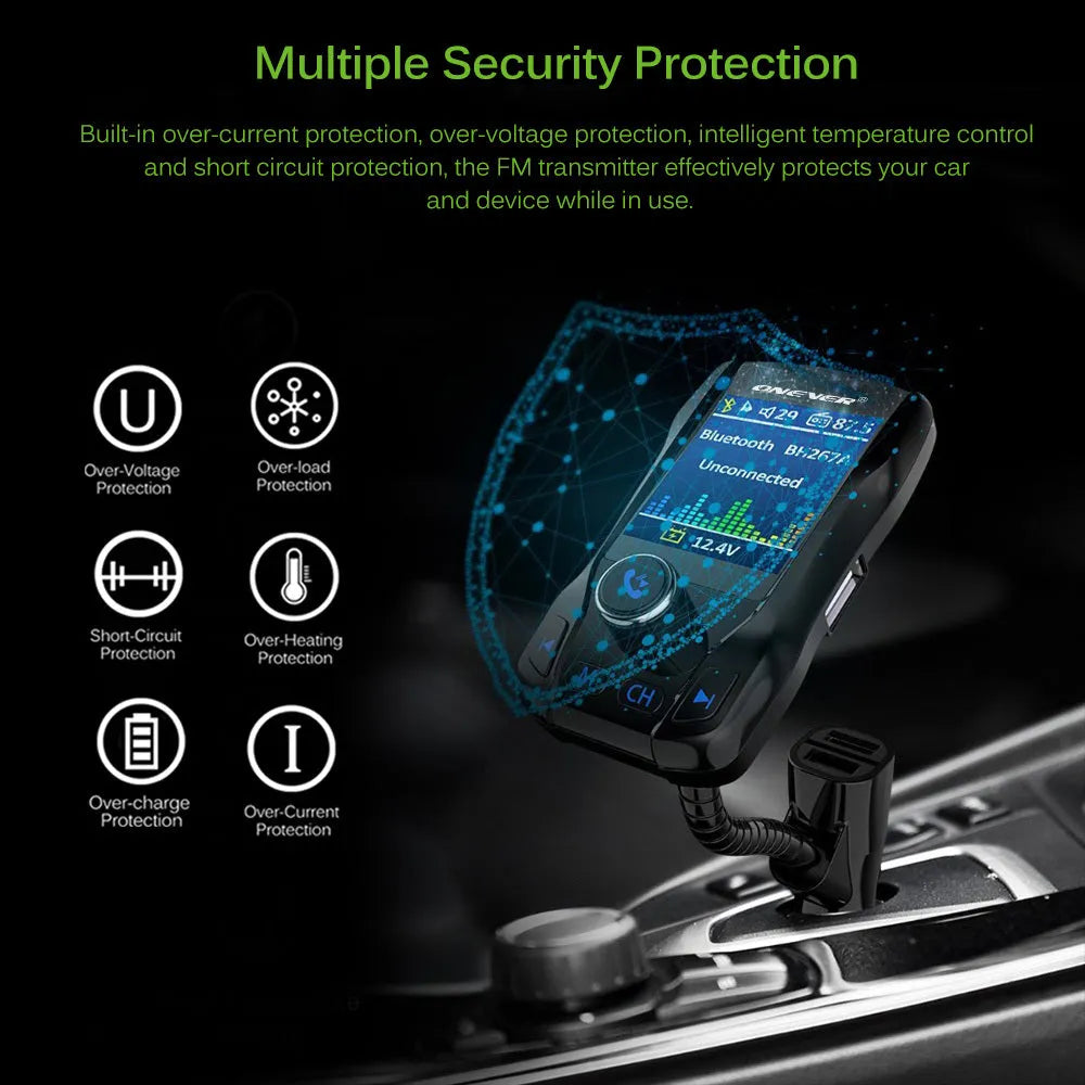 Black Bluetooth car FM transmitter with colour screen and dual USB ports plugged into a car dashboard.