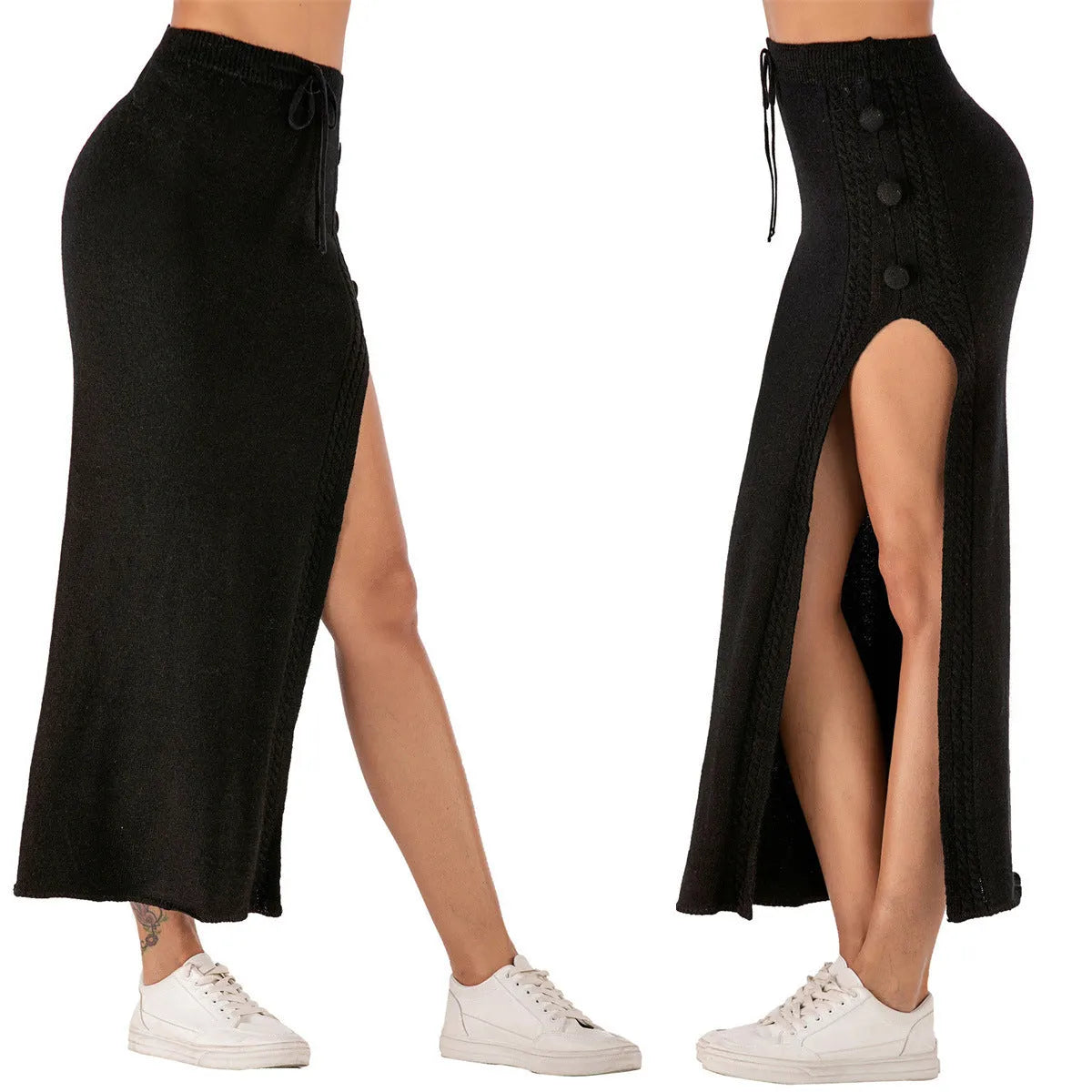 Slim-fit acrylic woolen skirt with split design and straps detail in black, pink, or grey colours