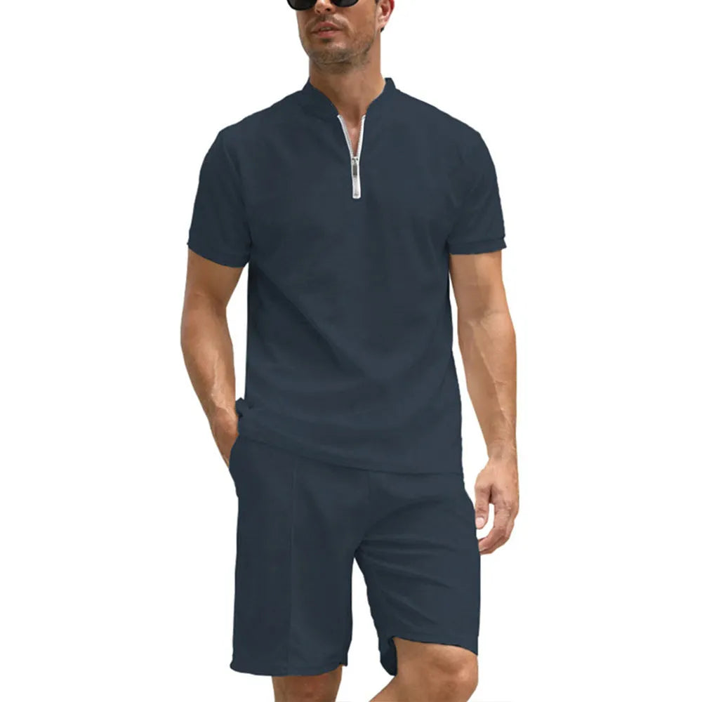Men's solid colour polo shirt and trousers two-piece set in polyester fabric