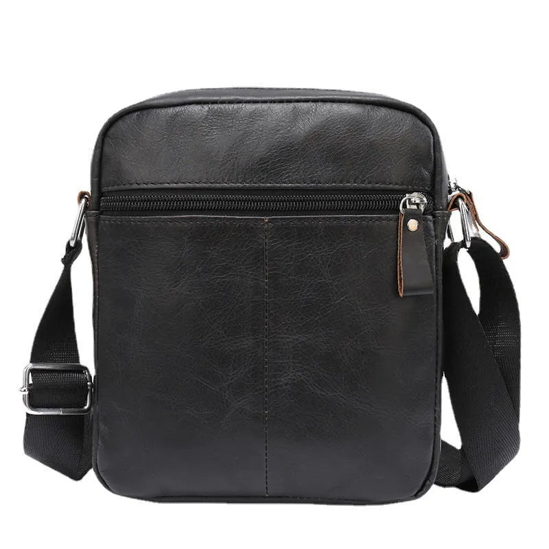 Black retro genuine leather shoulder messenger bag for boys with sewing line detailing