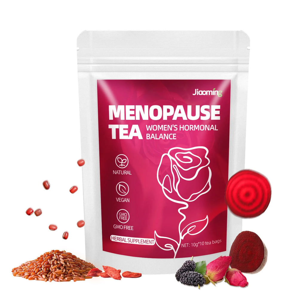 Women's menopausal health flower bag tea pack with 10 small bags on table