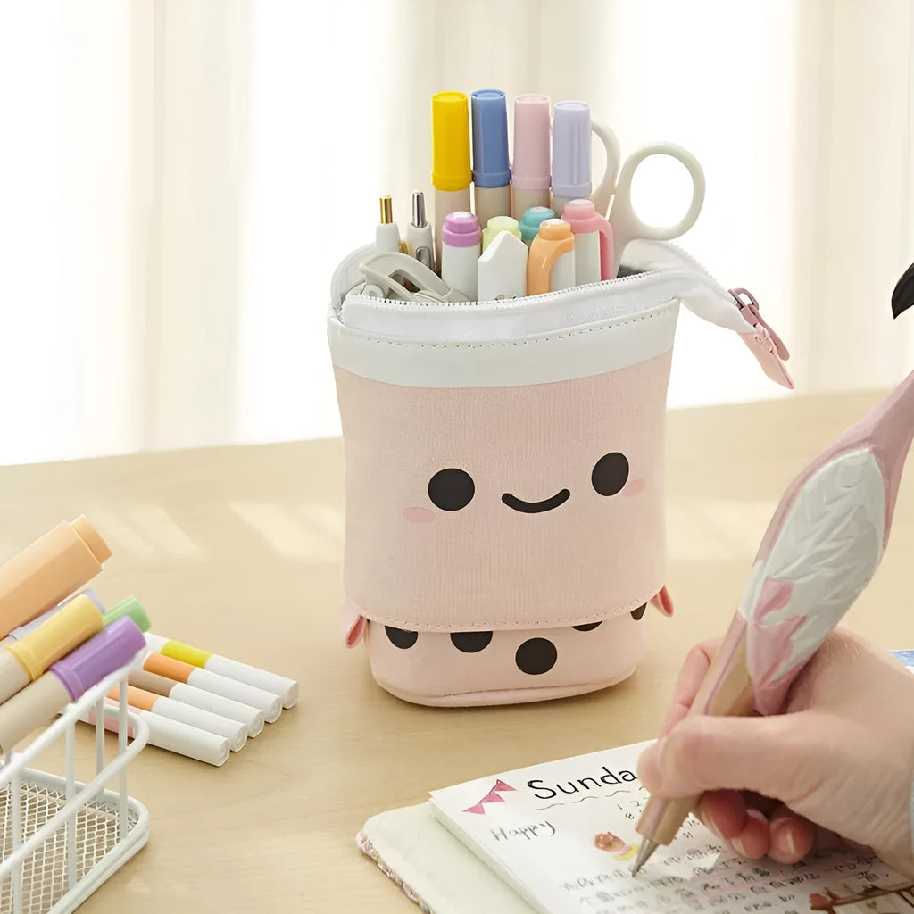 Canvas retractable pencil case with heart smiley face pattern in blue velvet milk tea colour