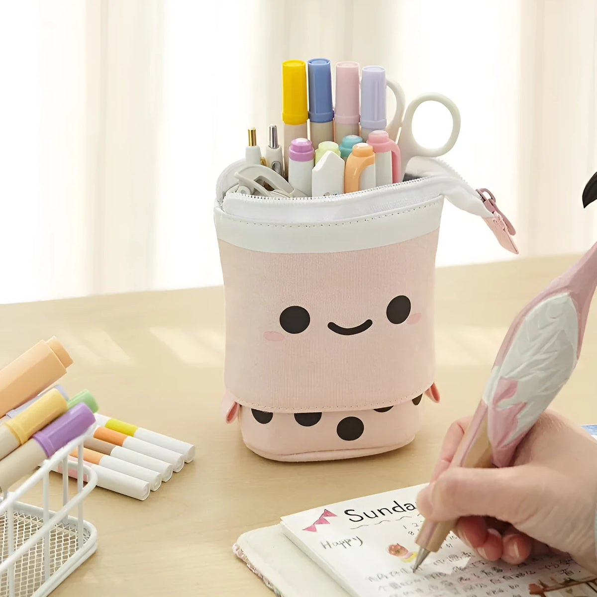 Canvas retractable pencil case with heart smiley face pattern in blue velvet milk tea colour