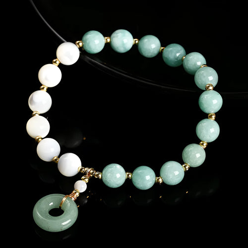 Women's blue Burma jade bracelet with geometric design and horseshoe screw safety buckle