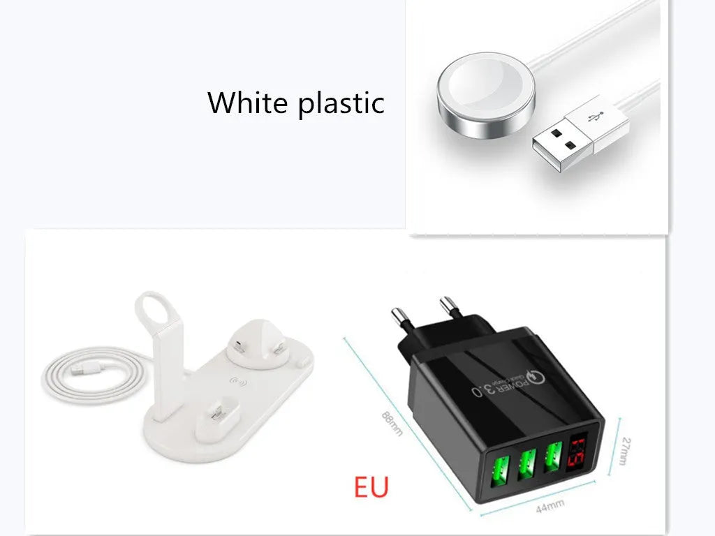4 in 1 wireless charger stand for iPhone Samsung iWatch AirPods in black silicone material with 360 degree rotating dock