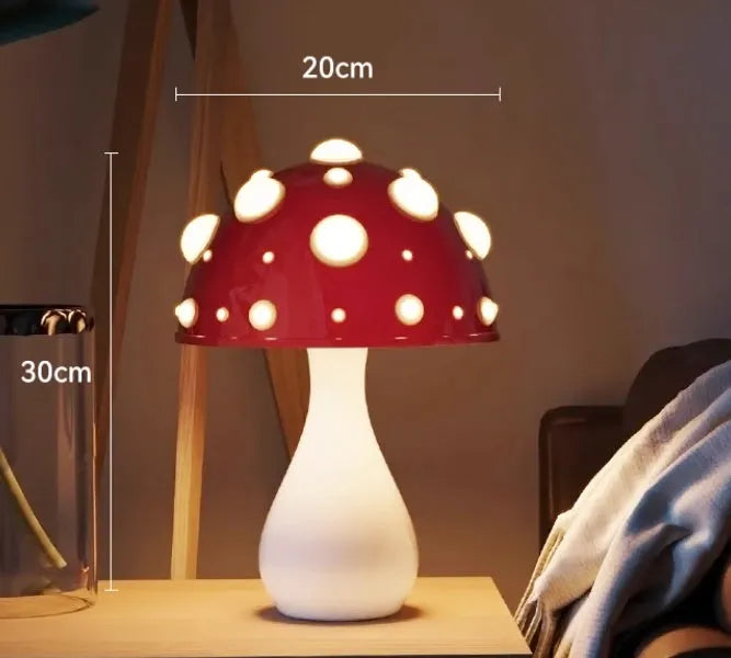 Mushroom decorative table lamp with tri-colour light on a bedside table, white base option, modern simplicity style