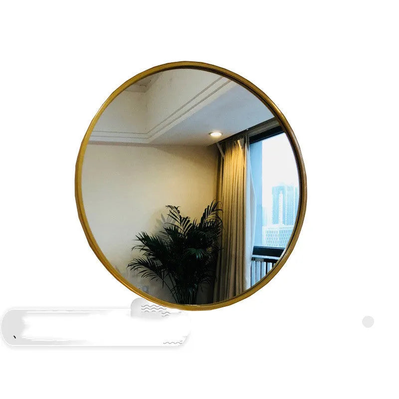 Round metal frame bathroom wall mirror in black finish showing 30cm diameter