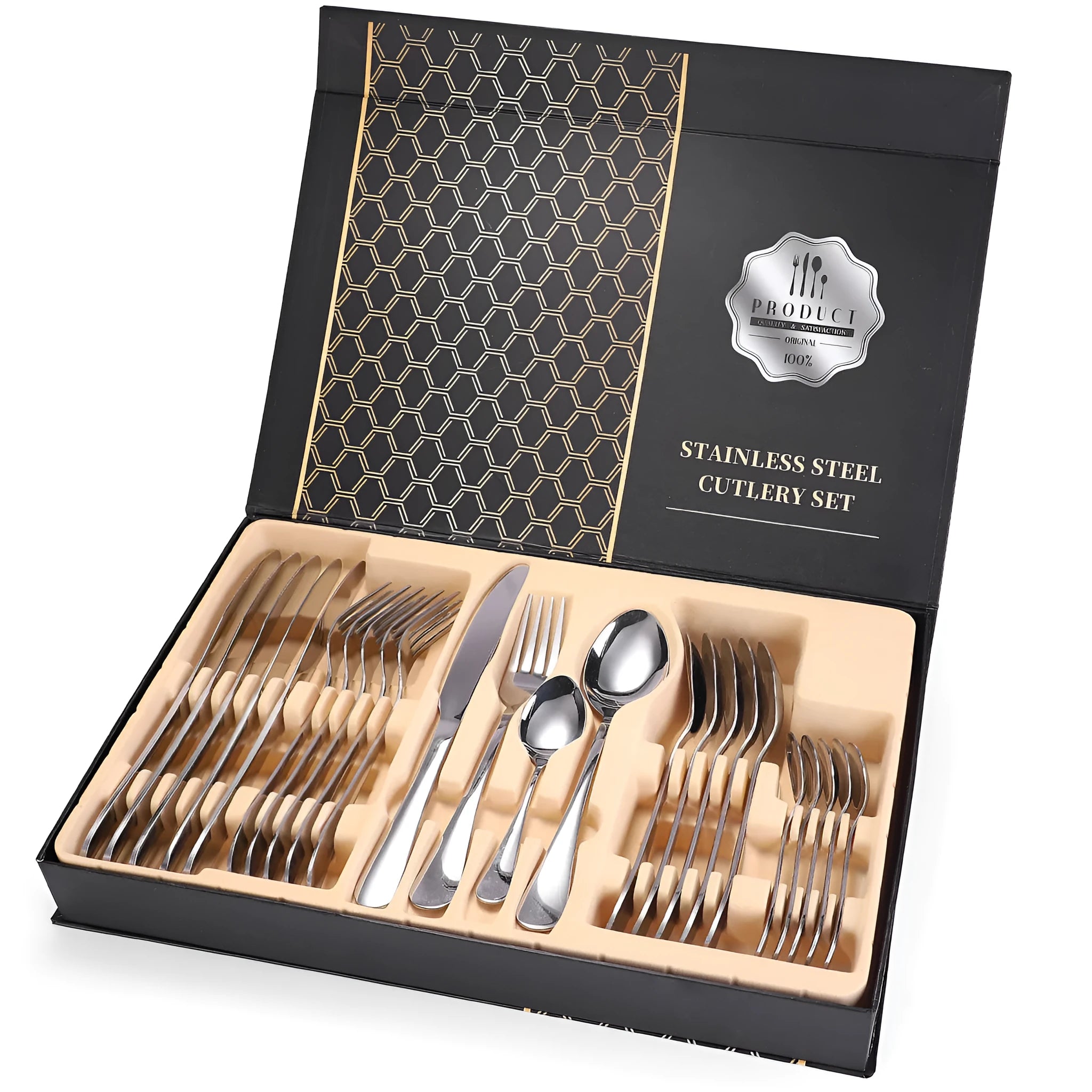 24 piece 18/10 stainless steel cutlery set with knife fork and spoon in black finish