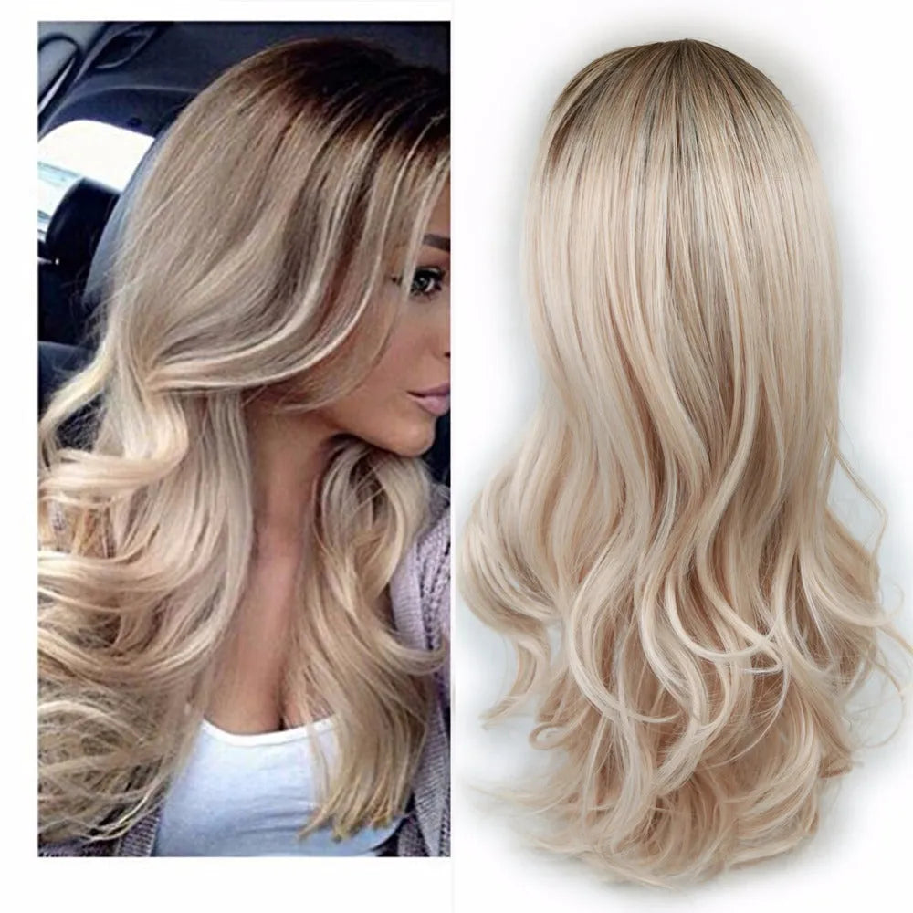 Long curly wig for women 24 inch 61 cm blonde ombre black root heat resistant high temperature wire anime cosplay wig