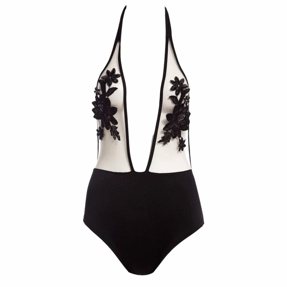 Embroidered halter Siamese bikini set in wine red, front view, on woman, polyester fabric