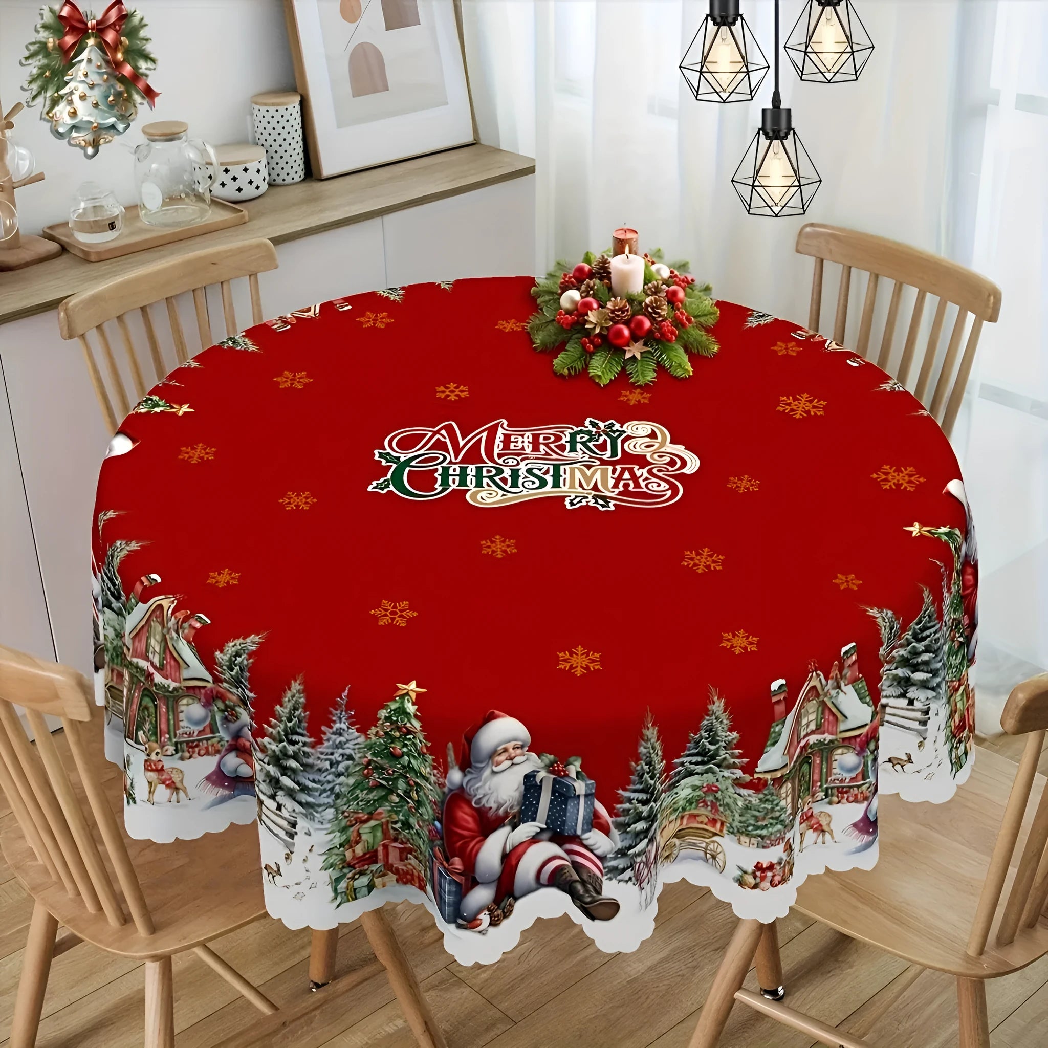 Round 152cm polyester tablecloth with printed Christmas snowflake and Santa Claus pattern on a dining table