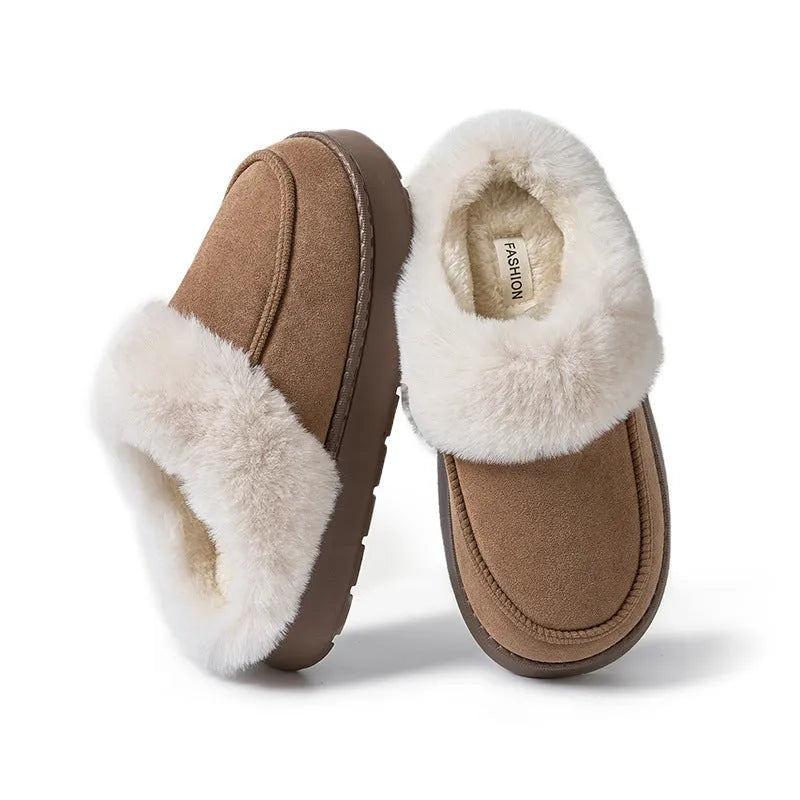 Men's non-slip plush indoor slippers with EVA sole, 4cm heel, caramel colour, round toe
