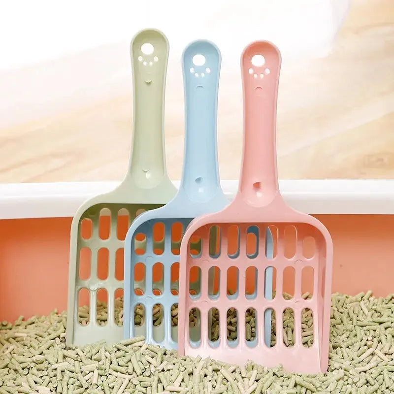 Plastic cat litter scoop in blue, green, or pink colours showing 20cm length