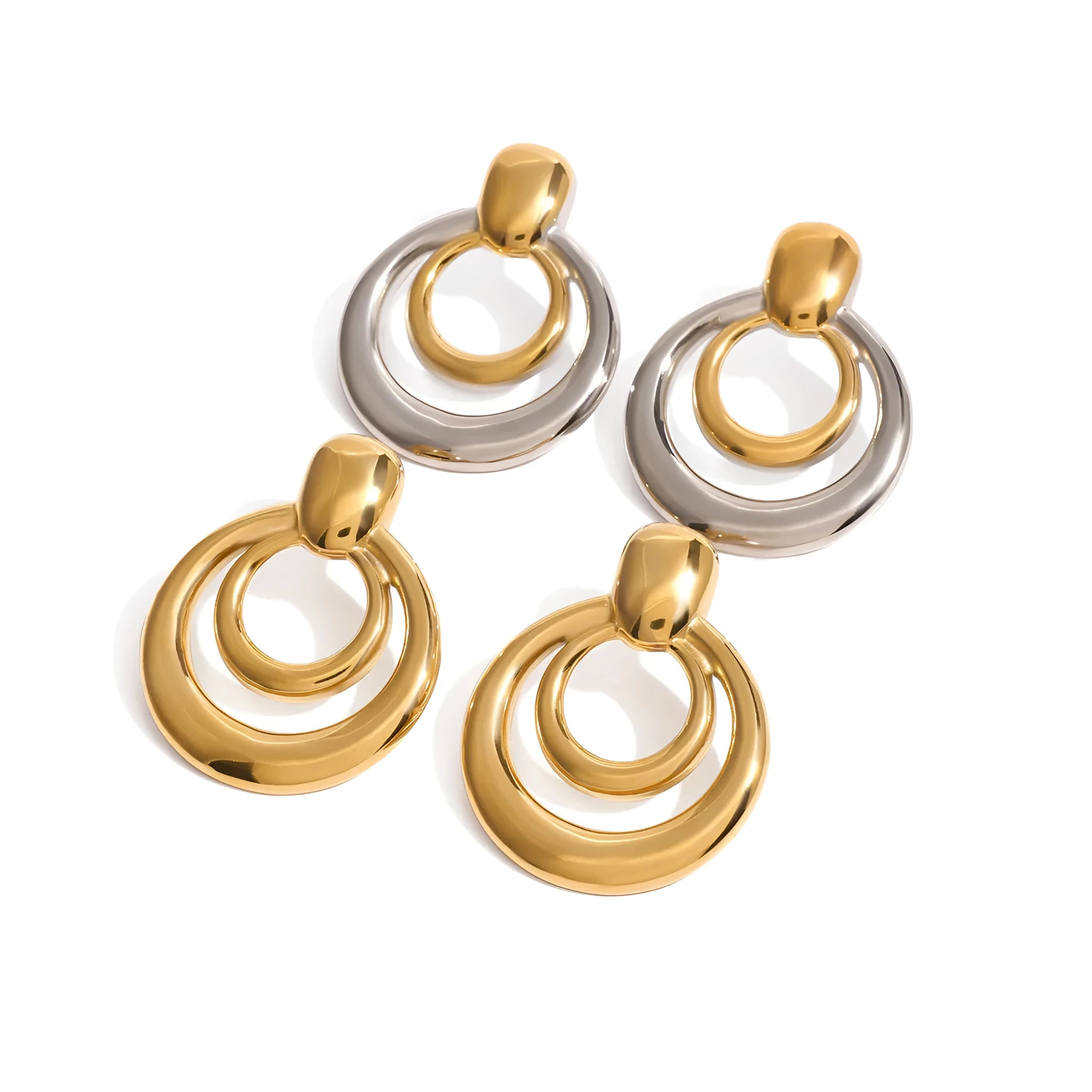 Round golden double layer hollow stud earrings for women with a geometric design.
