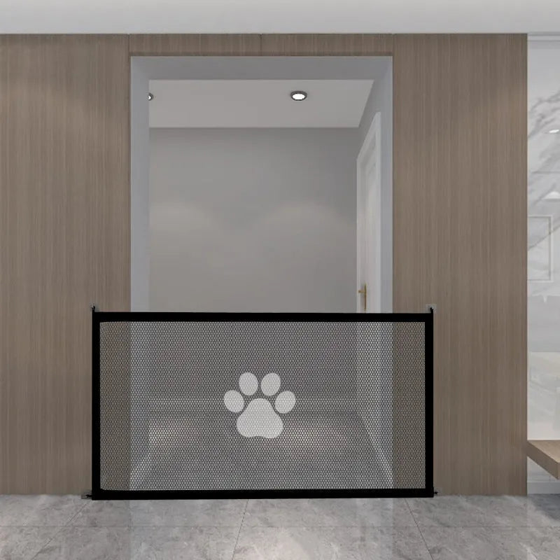 Portable punch-free dog barrier net fence showing cloth material with plastic rod construction and pet doorsill design