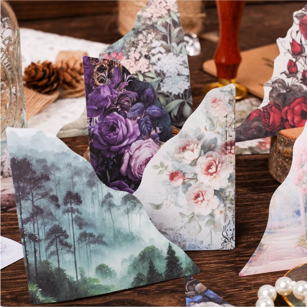 Set of colourful bookmarks with spring vine, pink plum, red rose, blue, green wild, and purple dew designs
