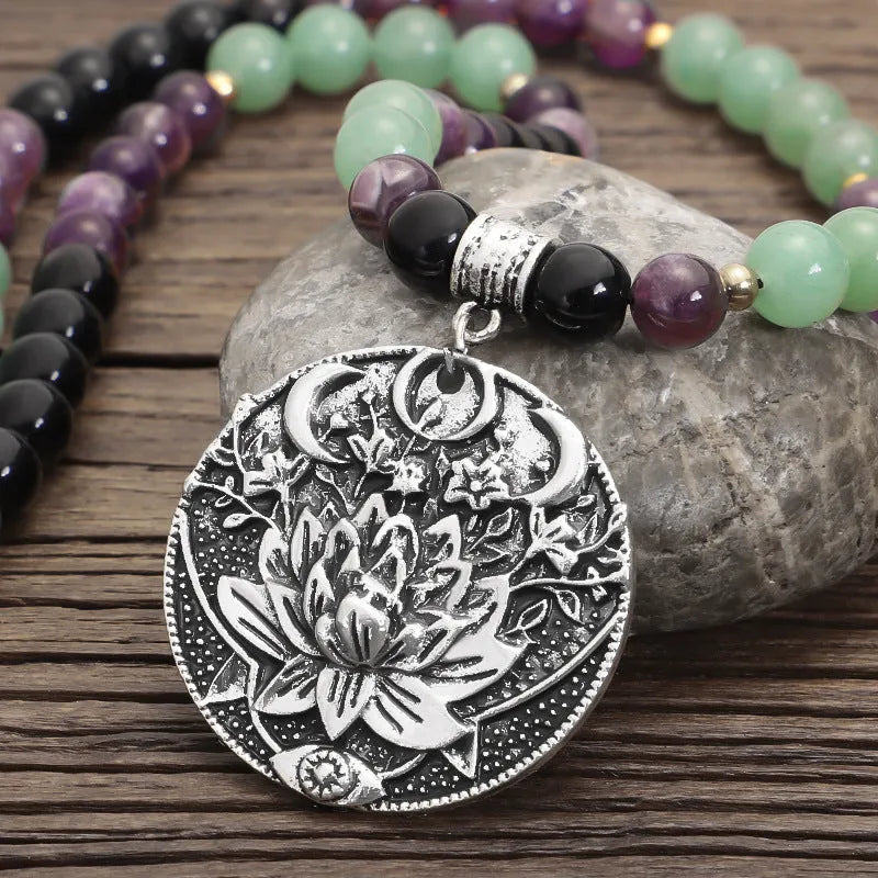 Yoga lotus pendant necklace with handmade stone beads and matching bracelet set