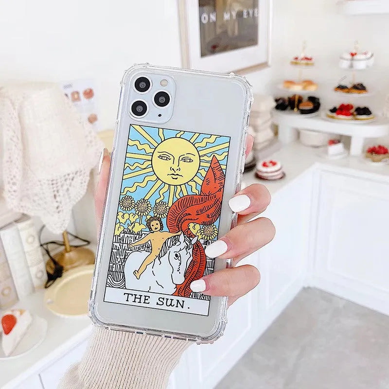 Creative Mythology comic design iPhone case in sun or moon graffiti colours, flexible silicone TPU back cover.