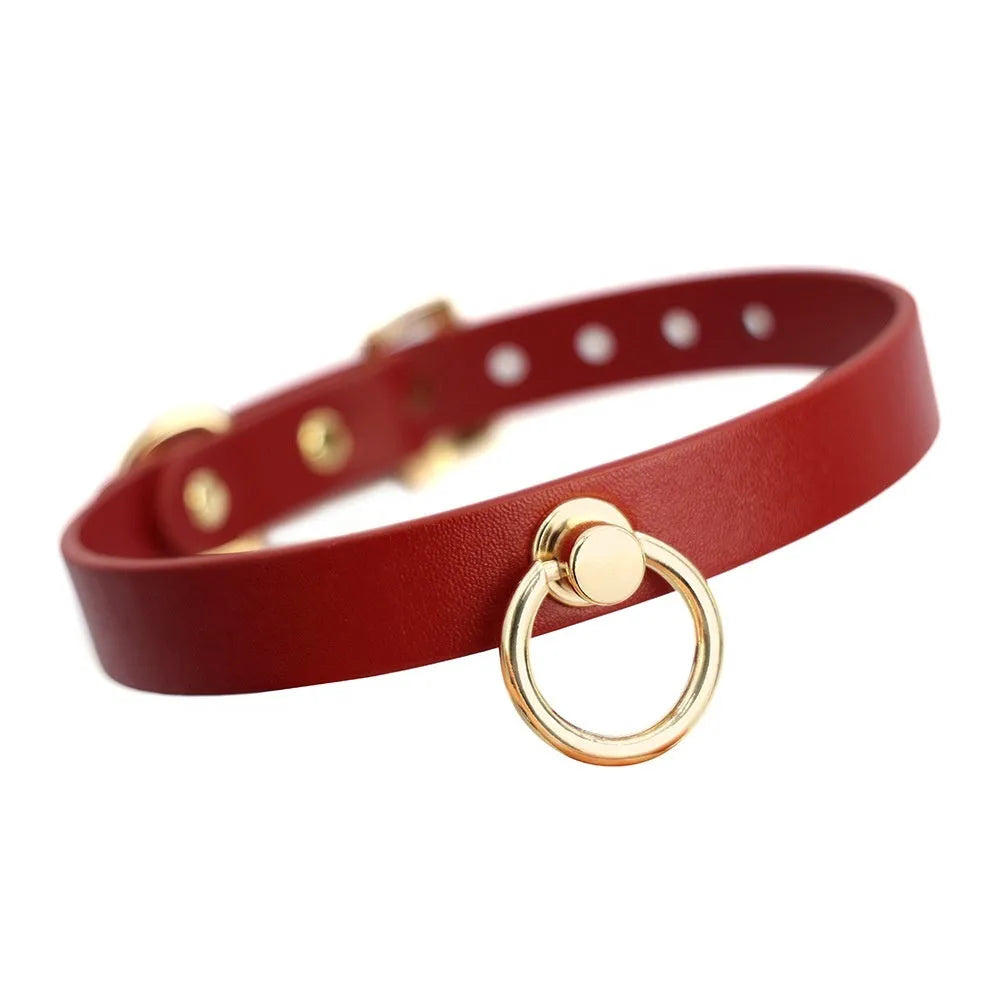 Genuine cowhide leather collar with metal fittings and a connected pull lead on a dark surface.