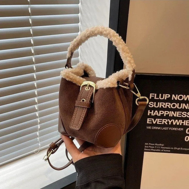 Women's retro plush PU crossbody bag in brown with single shoulder strap
