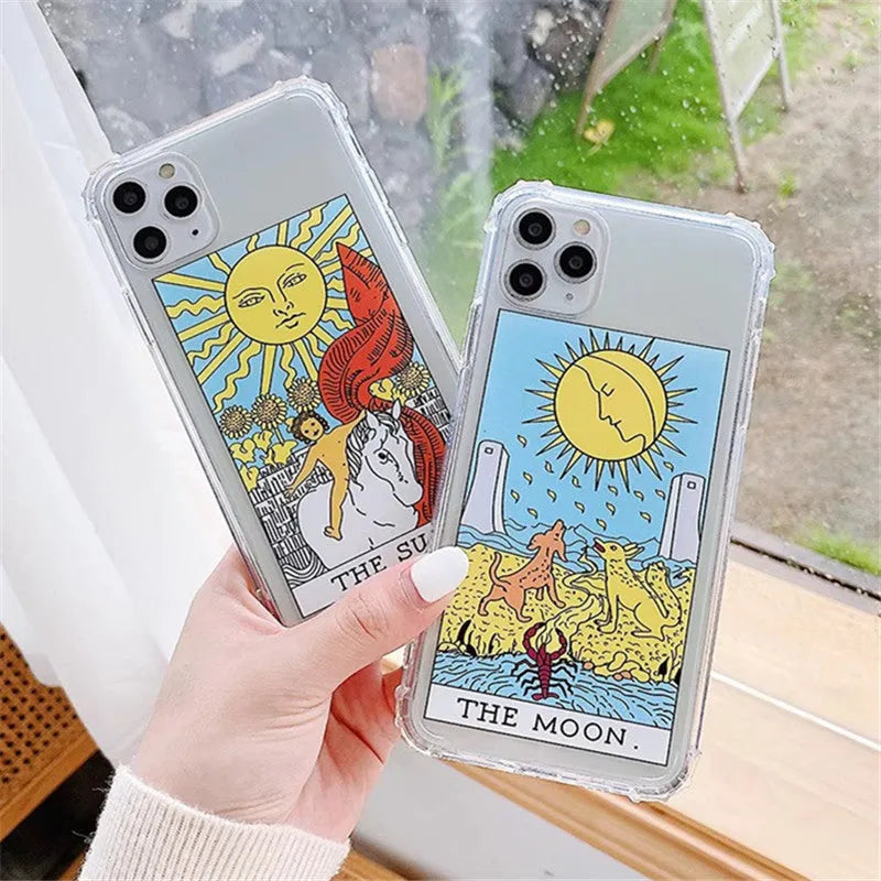 Creative Mythology comic design iPhone case in sun or moon graffiti colours, flexible silicone TPU back cover.