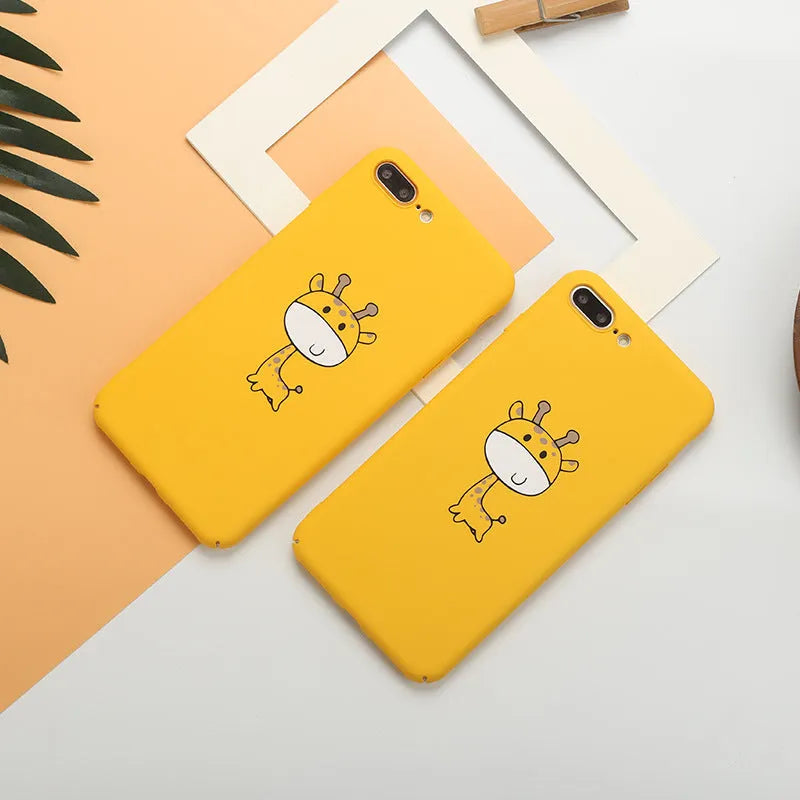 Yellow patterned hard plastic phone case for iPhone models with raised protective edges.