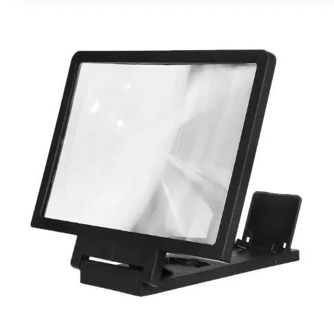 Mobile phone stand magnifier with black frame and clear acrylic screen showing magnification effect