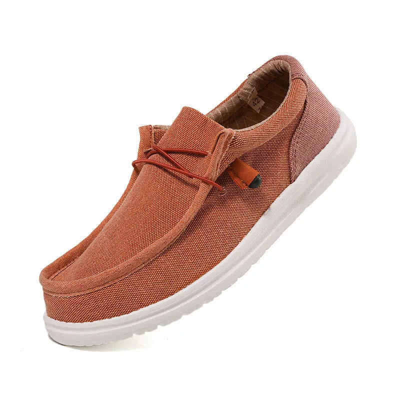 Men's green and orange canvas casual shoes with round toe and decorative mosaic detailing