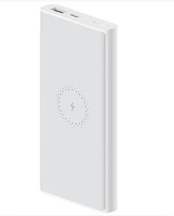 White and black 10000mAh power bank with USB-C port and wireless charging surface