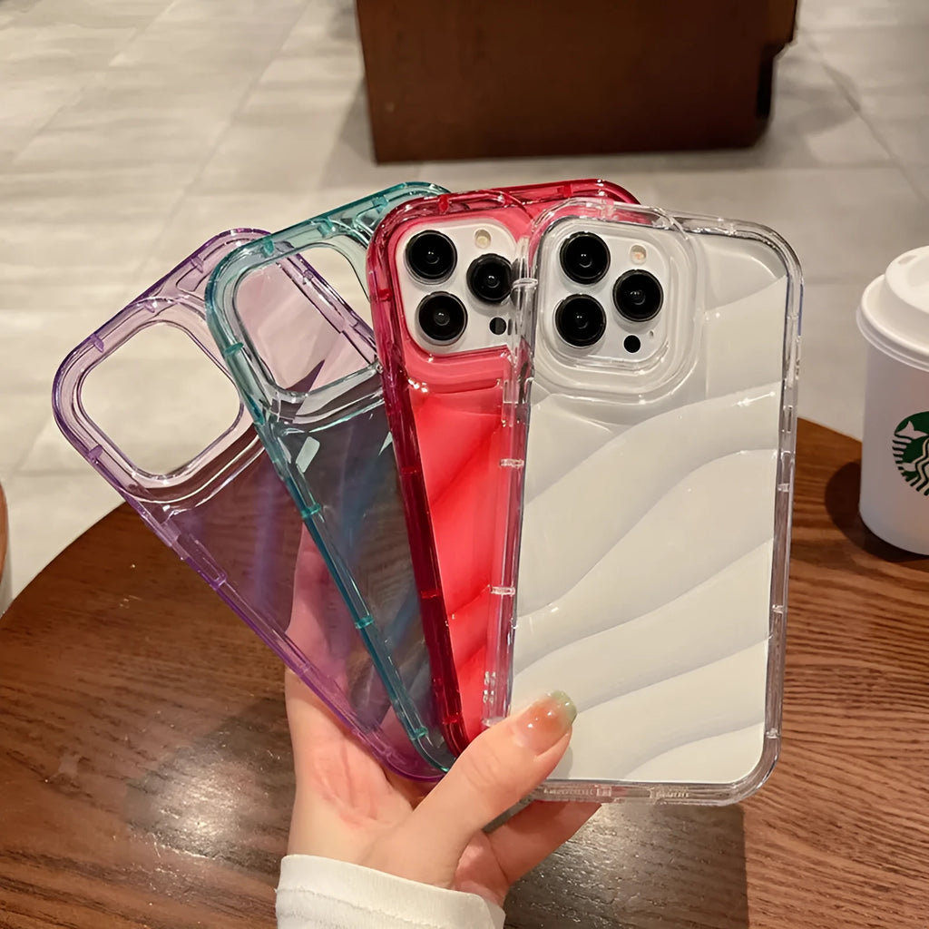 Transparent silicone phone case with embossed texture for iPhone, shown in clear finish