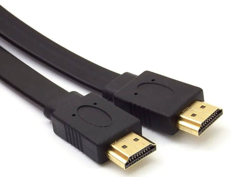 Flat HDMI 1.4 cable with gold connectors showing length options from 30cm to 10 metres