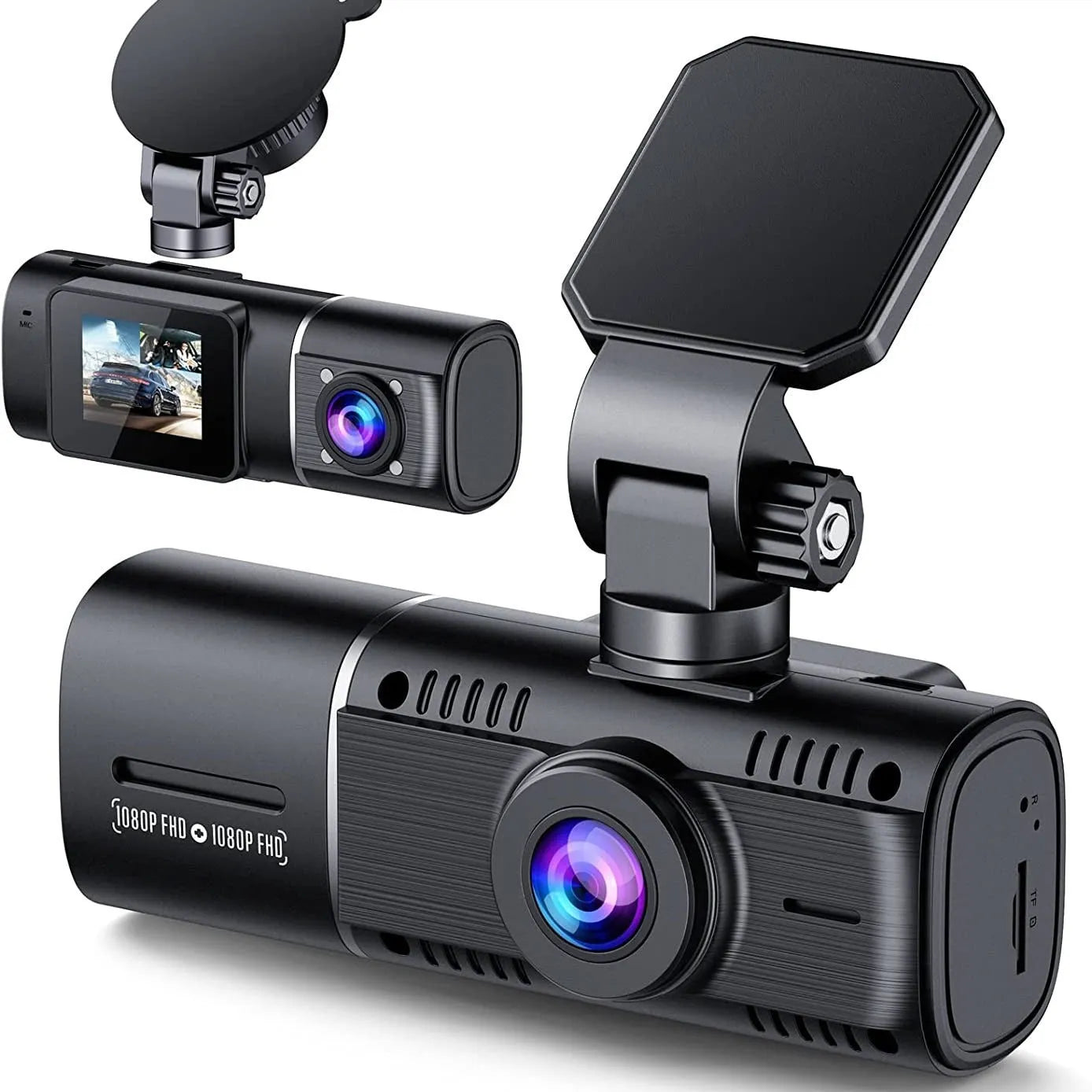 Standard black 1080p dashcam with 1.5-inch screen, showing car charger and stand accessories.