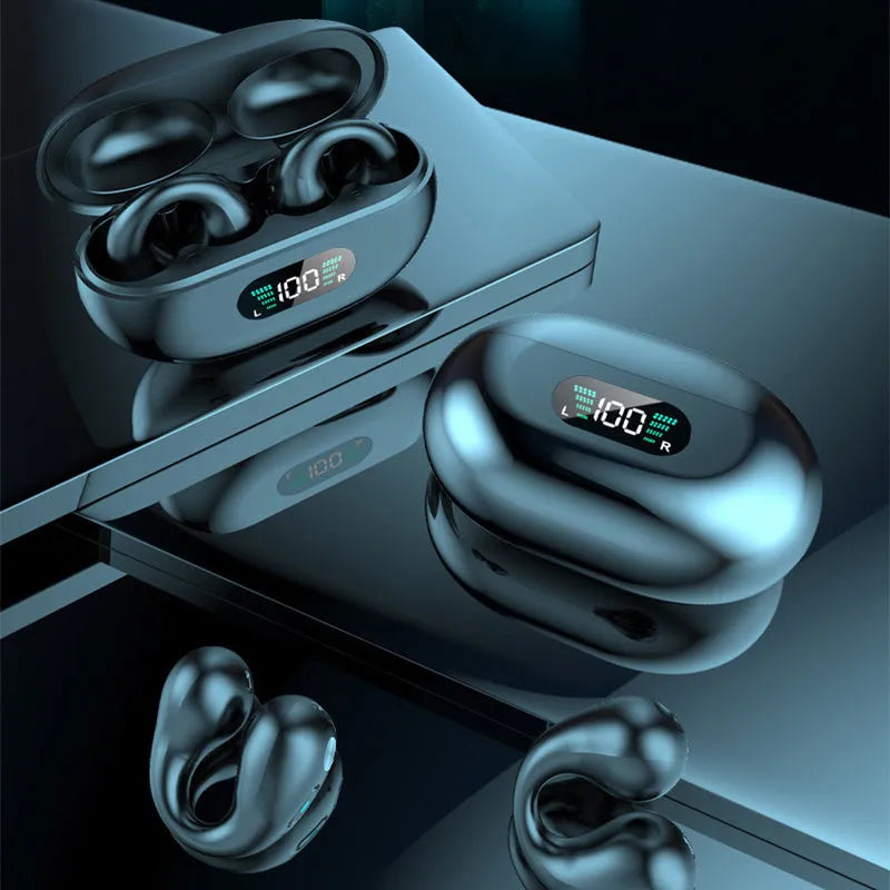 Bone conduction headphones ear clip TWS earbuds Bluetooth 5.3 touch control black colour