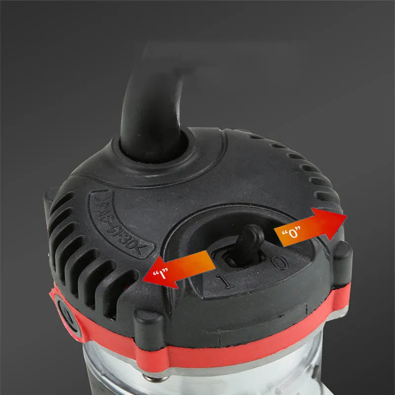 800W electric wood polishing trimmer with silver aluminium casing and a black handle on a workbench.